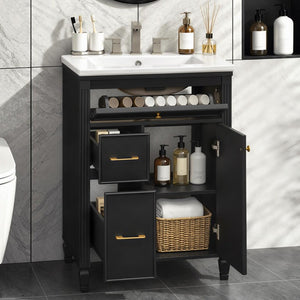 English Elm Video 24 Inch Freestanding Bathroom Vanity Rubberwood Legs Ceramic Sink Vintage Black N759P527510B