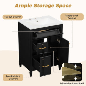 English Elm Video 24 Inch Freestanding Bathroom Vanity Rubberwood Legs Ceramic Sink Vintage Black N759P527510B