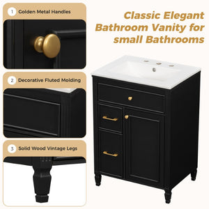 English Elm Video 24 Inch Freestanding Bathroom Vanity Rubberwood Legs Ceramic Sink Vintage Black N759P527510B