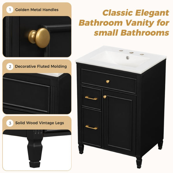 English Elm Video 24 Inch Freestanding Bathroom Vanity Rubberwood Legs Ceramic Sink Vintage Black N759P527510B
