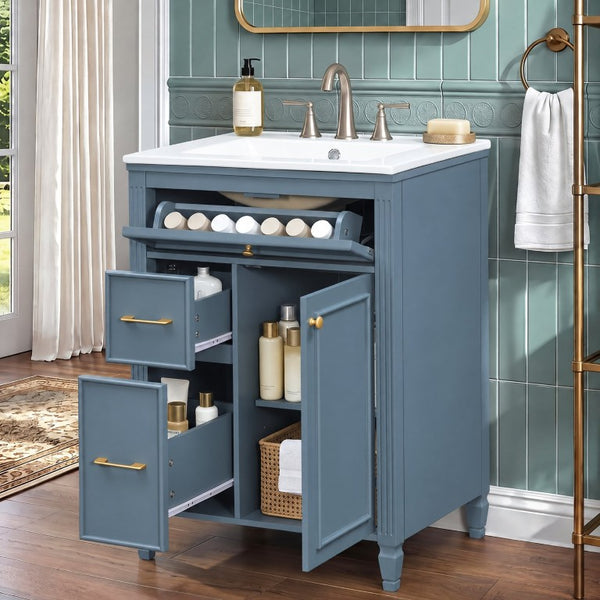 English Elm Video 24 Inch Freestanding Bathroom Vanity Rubberwood Legs Ceramic Sink Vintage Blue Gray N759P527510C