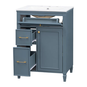 English Elm Video 24 Inch Freestanding Bathroom Vanity Rubberwood Legs Ceramic Sink Vintage Blue Gray N759P527510C