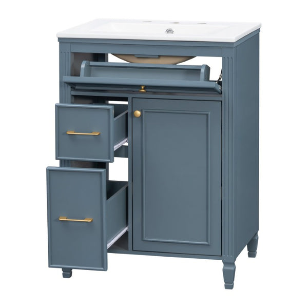 English Elm Video 24 Inch Freestanding Bathroom Vanity Rubberwood Legs Ceramic Sink Vintage Blue Gray N759P527510C