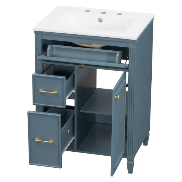 English Elm Video 24 Inch Freestanding Bathroom Vanity Rubberwood Legs Ceramic Sink Vintage Blue Gray N759P527510C