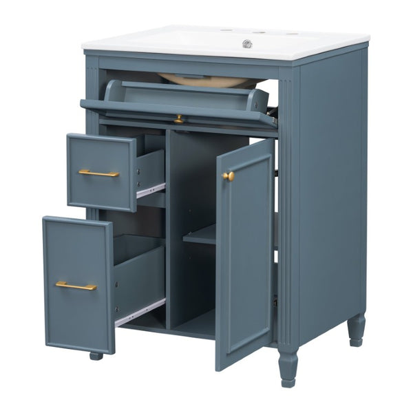 English Elm Video 24 Inch Freestanding Bathroom Vanity Rubberwood Legs Ceramic Sink Vintage Blue Gray N759P527510C
