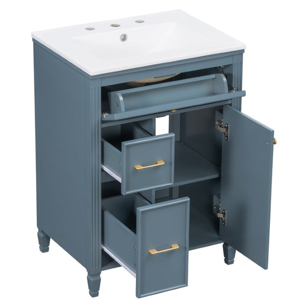 English Elm Video 24 Inch Freestanding Bathroom Vanity Rubberwood Legs Ceramic Sink Vintage Blue Gray N759P527510C
