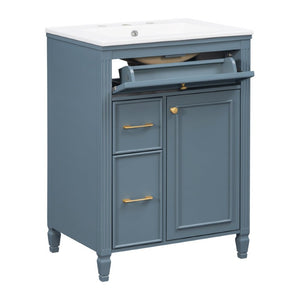 English Elm Video 24 Inch Freestanding Bathroom Vanity Rubberwood Legs Ceramic Sink Vintage Blue Gray N759P527510C