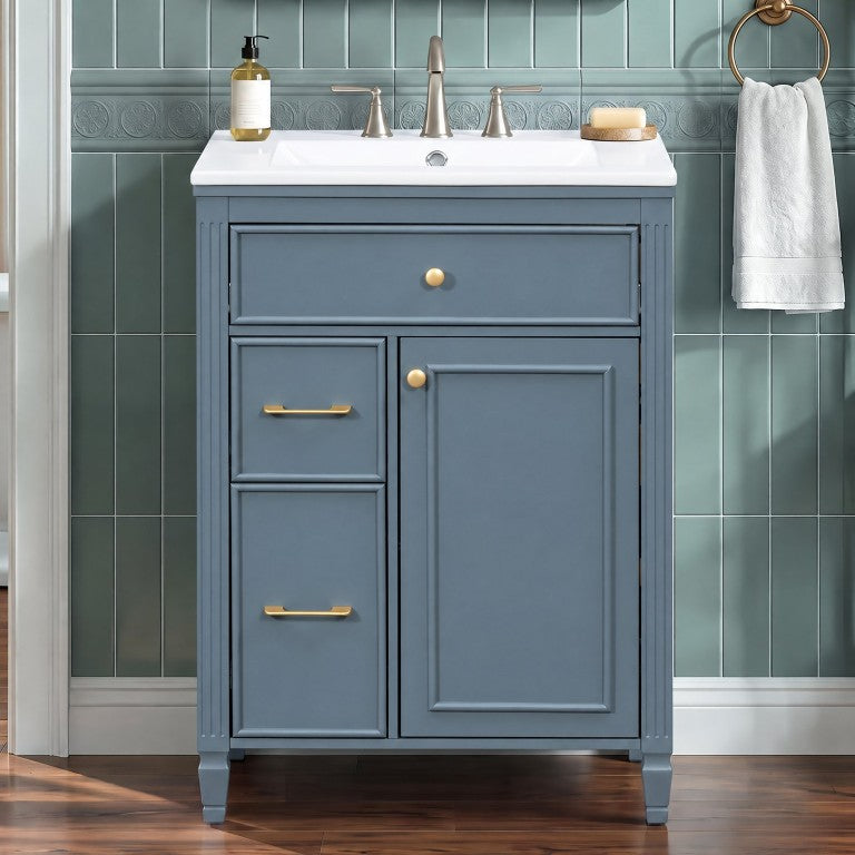 English Elm Video 24 Inch Freestanding Bathroom Vanity Rubberwood Legs Ceramic Sink Vintage Blue Gray N759P527510C