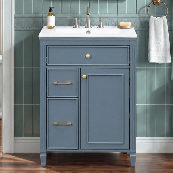 English Elm Video 24 Inch Freestanding Bathroom Vanity Rubberwood Legs Ceramic Sink Vintage Blue Gray N759P527510C