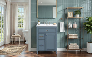 English Elm Video 24 Inch Freestanding Bathroom Vanity Rubberwood Legs Ceramic Sink Vintage Blue Gray N759P527510C
