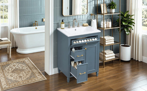 English Elm Video 24 Inch Freestanding Bathroom Vanity Rubberwood Legs Ceramic Sink Vintage Blue Gray N759P527510C