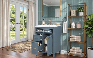 English Elm Video 24 Inch Freestanding Bathroom Vanity Rubberwood Legs Ceramic Sink Vintage Blue Gray N759P527510C