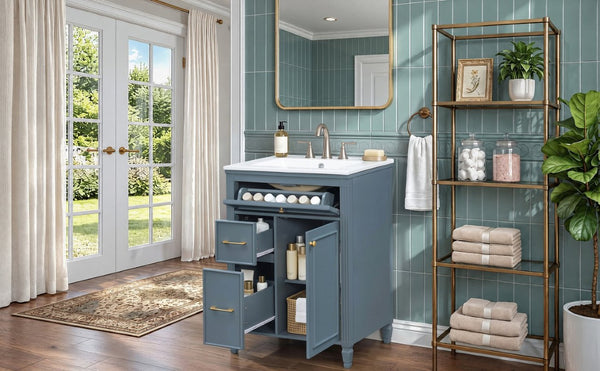 English Elm Video 24 Inch Freestanding Bathroom Vanity Rubberwood Legs Ceramic Sink Vintage Blue Gray N759P527510C