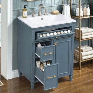 English Elm Video 24 Inch Freestanding Bathroom Vanity Rubberwood Legs Ceramic Sink Vintage Blue Gray N759P527510C