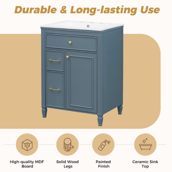 English Elm Video 24 Inch Freestanding Bathroom Vanity Rubberwood Legs Ceramic Sink Vintage Blue Gray N759P527510C