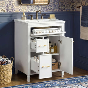 English Elm Video 24 Inch Freestanding Bathroom Vanity Rubberwood Legs Ceramic Sink Vintage White N759P527510K
