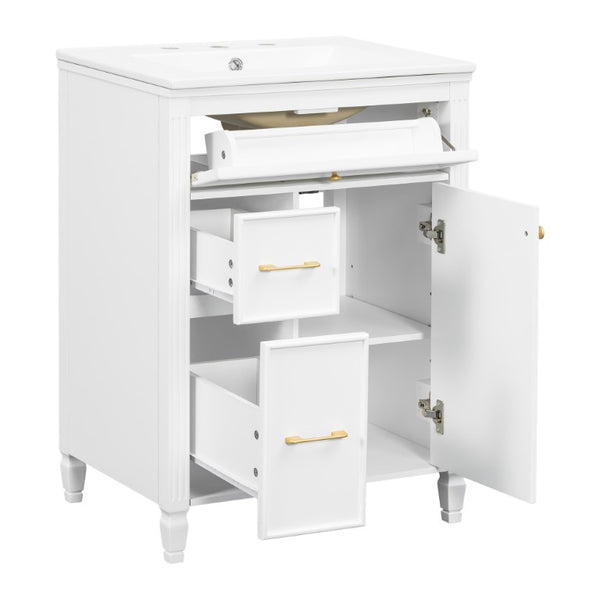 English Elm Video 24 Inch Freestanding Bathroom Vanity Rubberwood Legs Ceramic Sink Vintage White N759P527510K