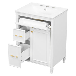 English Elm Video 24 Inch Freestanding Bathroom Vanity Rubberwood Legs Ceramic Sink Vintage White N759P527510K