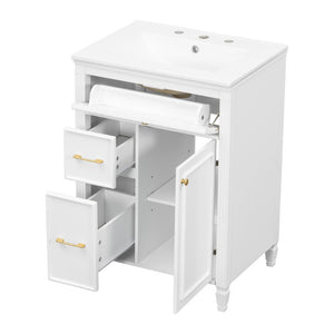English Elm Video 24 Inch Freestanding Bathroom Vanity Rubberwood Legs Ceramic Sink Vintage White N759P527510K