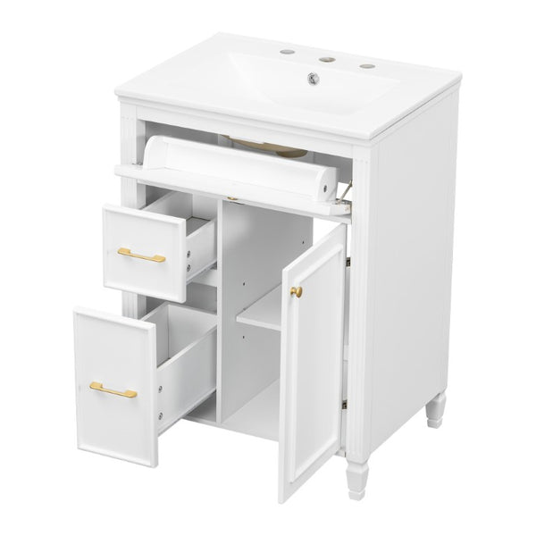 English Elm Video 24 Inch Freestanding Bathroom Vanity Rubberwood Legs Ceramic Sink Vintage White N759P527510K