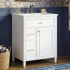 English Elm Video 24 Inch Freestanding Bathroom Vanity Rubberwood Legs Ceramic Sink Vintage White N759P527510K