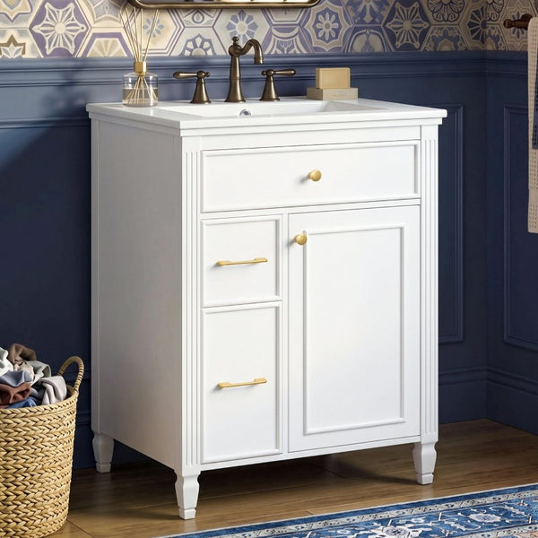 English Elm Video 24 Inch Freestanding Bathroom Vanity Rubberwood Legs Ceramic Sink Vintage White N759P527510K