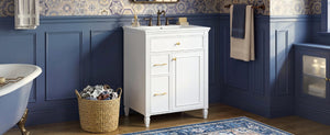 English Elm Video 24 Inch Freestanding Bathroom Vanity Rubberwood Legs Ceramic Sink Vintage White N759P527510K