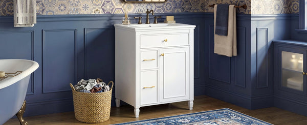 English Elm Video 24 Inch Freestanding Bathroom Vanity Rubberwood Legs Ceramic Sink Vintage White N759P527510K