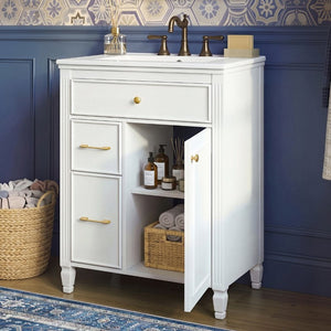 English Elm Video 24 Inch Freestanding Bathroom Vanity Rubberwood Legs Ceramic Sink Vintage White N759P527510K