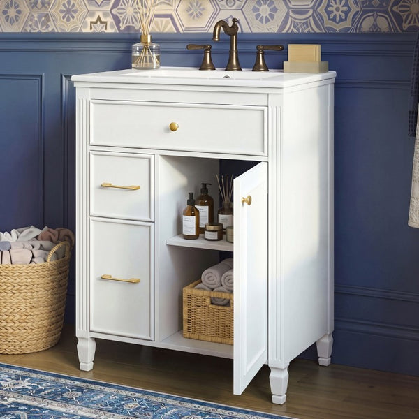 English Elm Video 24 Inch Freestanding Bathroom Vanity Rubberwood Legs Ceramic Sink Vintage White N759P527510K