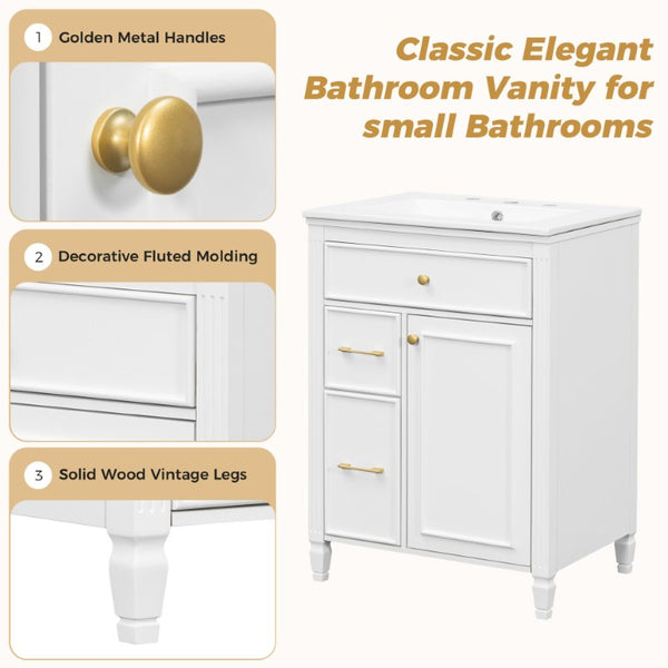 English Elm Video 24 Inch Freestanding Bathroom Vanity Rubberwood Legs Ceramic Sink Vintage White N759P527510K