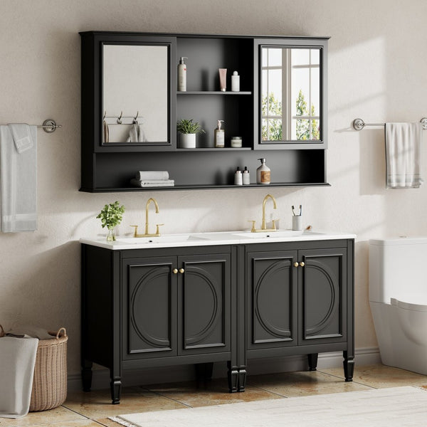 English Elm 60" Double Sink Vanity Set Rubberwood Vintage Raised Panel Soft Close Medicine Cabinet Black N759S000060B