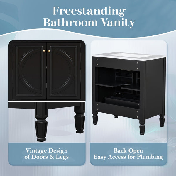 English Elm 60" Double Sink Vanity Set Rubberwood Vintage Raised Panel Soft Close Medicine Cabinet Black N759S000060B