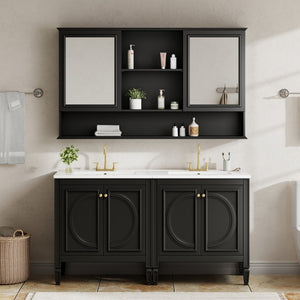 English Elm 60" Double Sink Vanity Set Rubberwood Vintage Raised Panel Soft Close Medicine Cabinet Black N759S000060B
