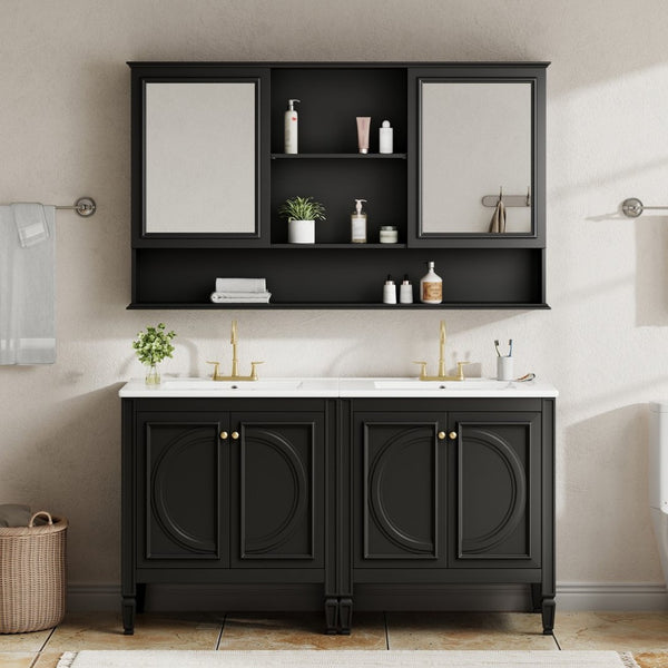 English Elm 60" Double Sink Vanity Set Rubberwood Vintage Raised Panel Soft Close Medicine Cabinet Black N759S000060B