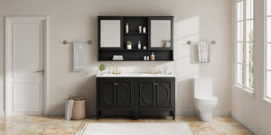 English Elm 60" Double Sink Vanity Set Rubberwood Vintage Raised Panel Soft Close Medicine Cabinet Black N759S000060B