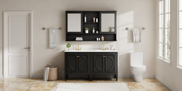 English Elm 60" Double Sink Vanity Set Rubberwood Vintage Raised Panel Soft Close Medicine Cabinet Black N759S000060B