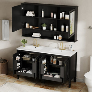 English Elm 60" Double Sink Vanity Set Rubberwood Vintage Raised Panel Soft Close Medicine Cabinet Black N759S000060B