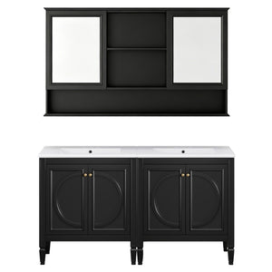 English Elm 60" Double Sink Vanity Set Rubberwood Vintage Raised Panel Soft Close Medicine Cabinet Black N759S000060B