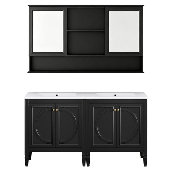 English Elm 60" Double Sink Vanity Set Rubberwood Vintage Raised Panel Soft Close Medicine Cabinet Black N759S000060B