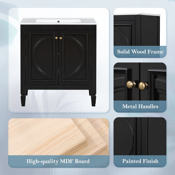 English Elm 60" Double Sink Vanity Set Rubberwood Vintage Raised Panel Soft Close Medicine Cabinet Black N759S000060B