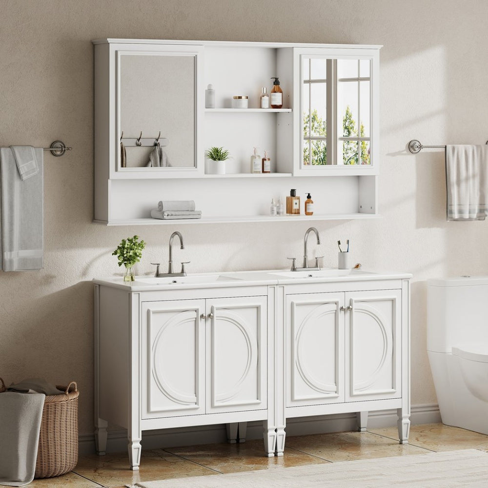 English Elm 60" Double Sink Vanity Set Rubberwood Vintage Raised Panel Soft Close Medicine Cabinet White N759S000060K