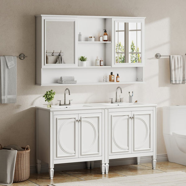 English Elm 60" Double Sink Vanity Set Rubberwood Vintage Raised Panel Soft Close Medicine Cabinet White N759S000060K