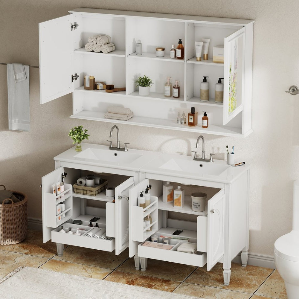 English Elm 60" Double Sink Vanity Set Rubberwood Vintage Raised Panel Soft Close Medicine Cabinet White N759S000060K