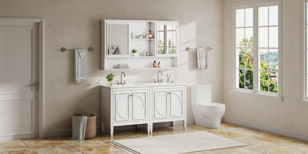 English Elm 60" Double Sink Vanity Set Rubberwood Vintage Raised Panel Soft Close Medicine Cabinet White N759S000060K