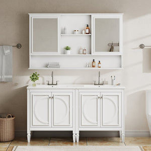 English Elm 60" Double Sink Vanity Set Rubberwood Vintage Raised Panel Soft Close Medicine Cabinet White N759S000060K