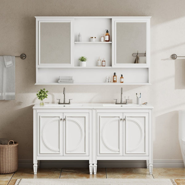 English Elm 60" Double Sink Vanity Set Rubberwood Vintage Raised Panel Soft Close Medicine Cabinet White N759S000060K