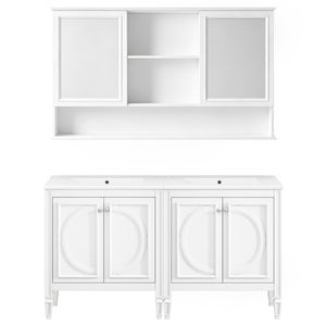 English Elm 60" Double Sink Vanity Set Rubberwood Vintage Raised Panel Soft Close Medicine Cabinet White N759S000060K