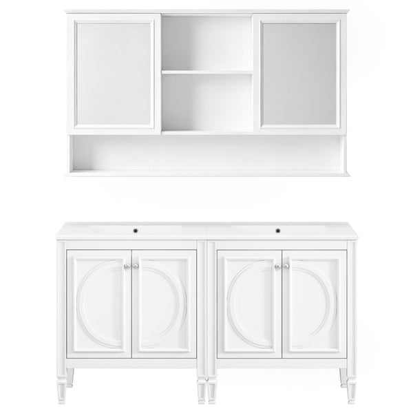English Elm 60" Double Sink Vanity Set Rubberwood Vintage Raised Panel Soft Close Medicine Cabinet White N759S000060K