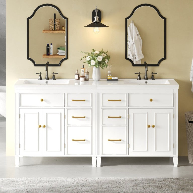 English Elm Video 72 Inch Modular Double Bathroom Vanity Acacia Legs Soft Close Drawers Ceramic Top White N759S072001K